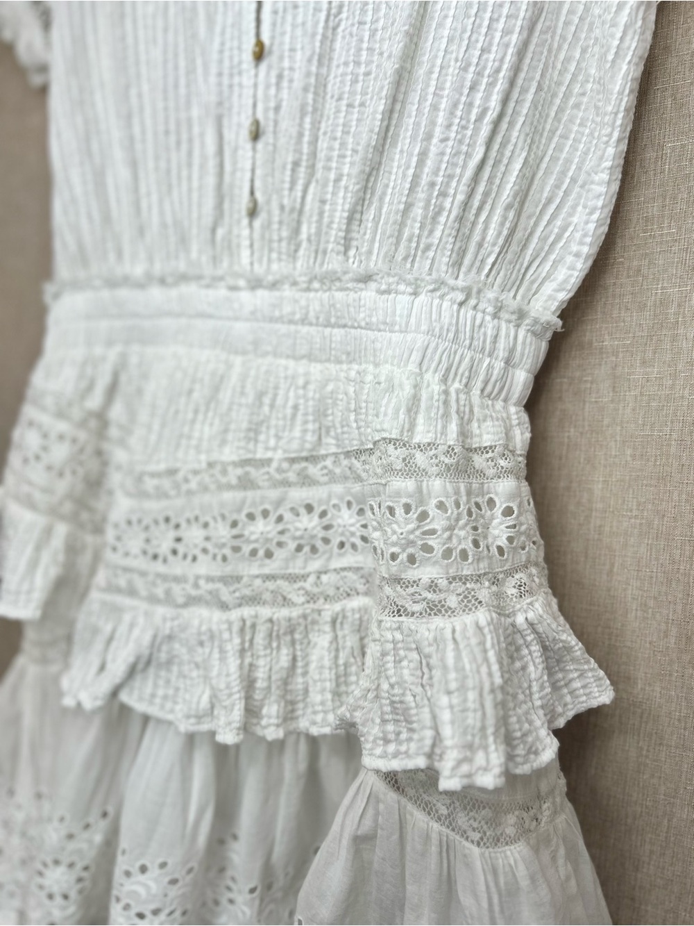 LoveShackFancy Jeromie White V-Neck Eyelet Mini Dress, Small - Picture 8 of 10